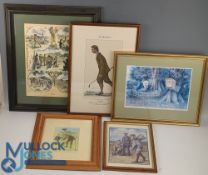 5 Assorted Golf Prints, to include a hand-coloured humous print, 3 period gentleman golfers, Bill