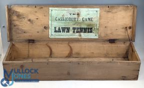 c1870 Cassiobury Lawn Tennis Pine Storage Box, retaining its label to inside of lid, drop handles,
