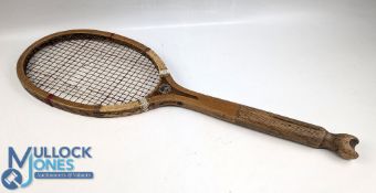c1920 Ardee Co, Fishtail Wooden Tennis Racket, with original gut strings, makers transfer to throat,