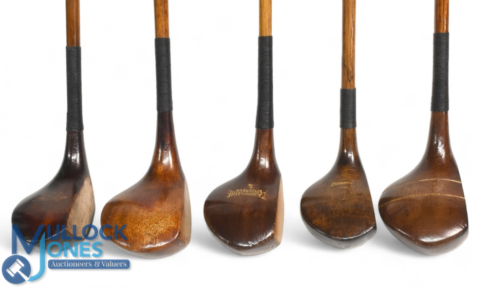 5x Assorted socket neck woods a large head shallow face driver stamped Simpson St Andrews, brown