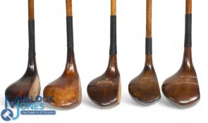 5x Assorted socket neck woods a large head shallow face driver stamped Simpson St Andrews, brown