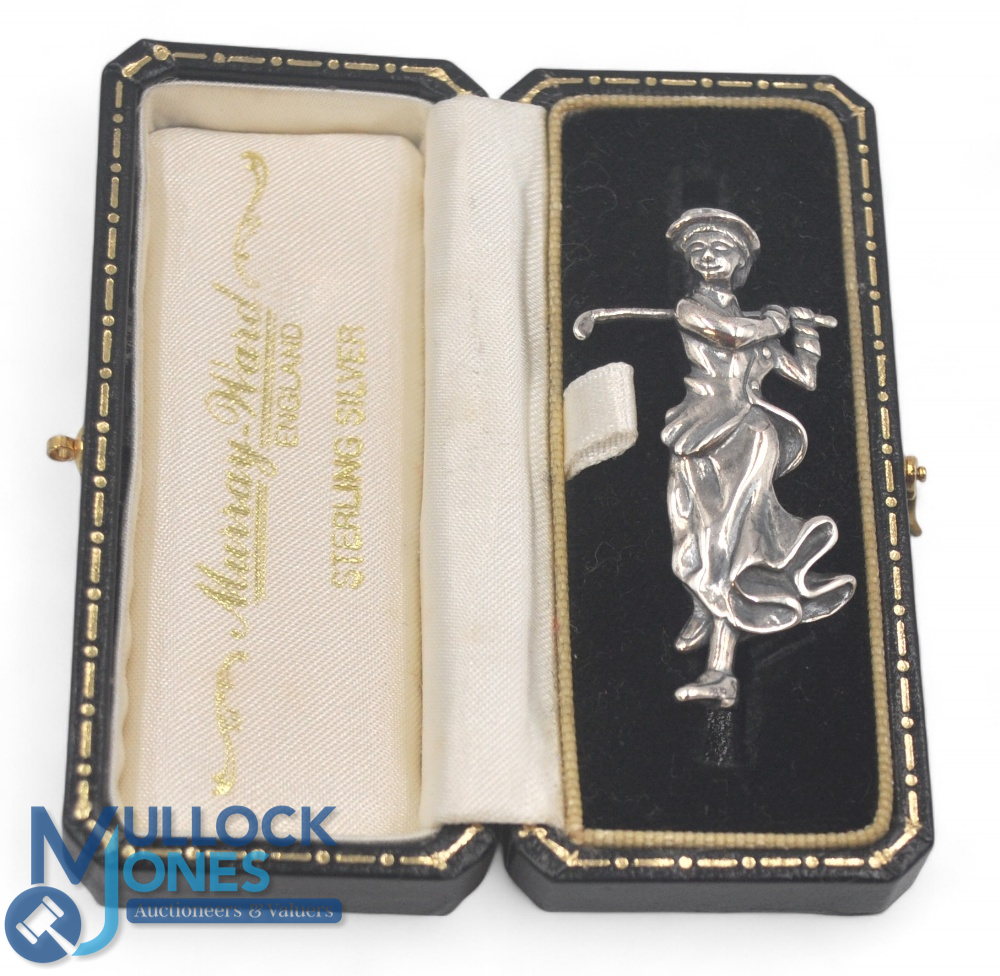 Lady Golfer Brooch: Lady golfer in full swing marked to the back 925 in original case
