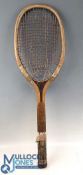 Period Spalding Wooden Tennis Racket Model GX with a squared top to racket, concave wedge, having