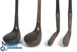 4x Matching J Tulloch golf clubs to include a dark stained late scare neck driver, dark stained