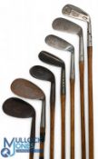 7x Playable Hickory golf irons to incl Jumbo niblick stamped J Stoddart, very large head niblick