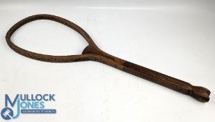 Period unnamed Shaped Head Fishtail Wooden Tennis Racket, convex wedge throat, with strings missing,