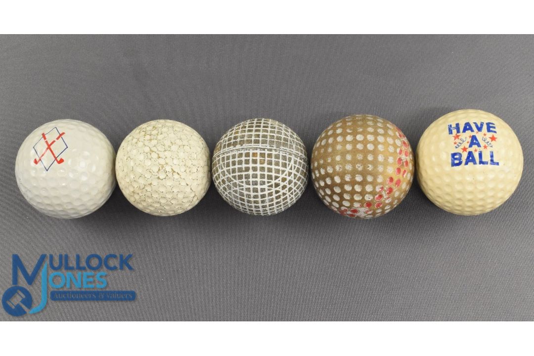 Collection of various made golf balls (5) to include replica square line gutty golf ball stamped