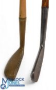 2x Interesting putters - a brass mallet head in Vardon style with deep drilled holes to the face