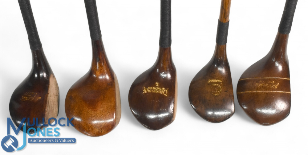 5x Assorted socket neck woods a large head shallow face driver stamped Simpson St Andrews, brown - Image 2 of 2