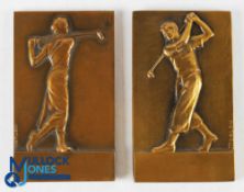 1937 Alexandre Morlon Bronze Golf Medals/Plaques: a pair of male and female golfers, fine casting
