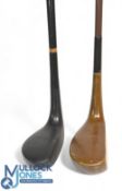 2x Mallet head putters - one with a steel shaft, a light stained persimmon stamped B Sayers to the