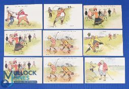 Collection of Tom Browne Humorous coloured reproduction golfing scene postcards from the early