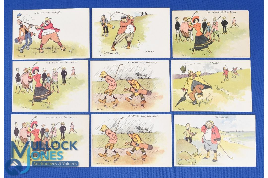 Collection of Tom Browne Humorous coloured reproduction golfing scene postcards from the early