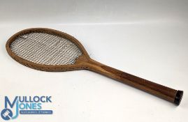 Period Wooden Tennis Racket Perfect - with a crown logo, has a rounded handle and close 22 main