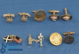 Interesting collection of notable golfing cufflinks and pin badges (9) to incl single Presidents Cup