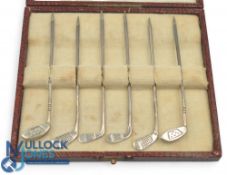 Golf Club Cocktail Sticks: Hallmarked Birmingham 1929 set of 6 in original case