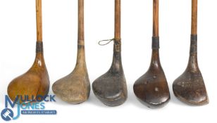5x Various socket neck woods - a large head brassie stamped R Kelly Norwich in light stained