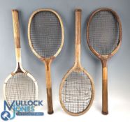 4x 1910-1930 Period Wooden Tennis Rackets, all with signs of wear, still display well, with examples