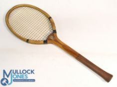 Edwardian The City Fantail Wooden Tennis Racket, with retailer's marks of H J Knutton Bradford, in