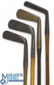 4x Various putters incl a shallow faced narrow mallet head stamped indistinctly with three crowns, a