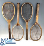 4x 1900-1910 Period Wooden Tennis Rackets, all with signs of wear, still display well, with examples