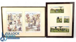 2 Golf Pictures, an original water colour collage mounted and framed- having a French retailers