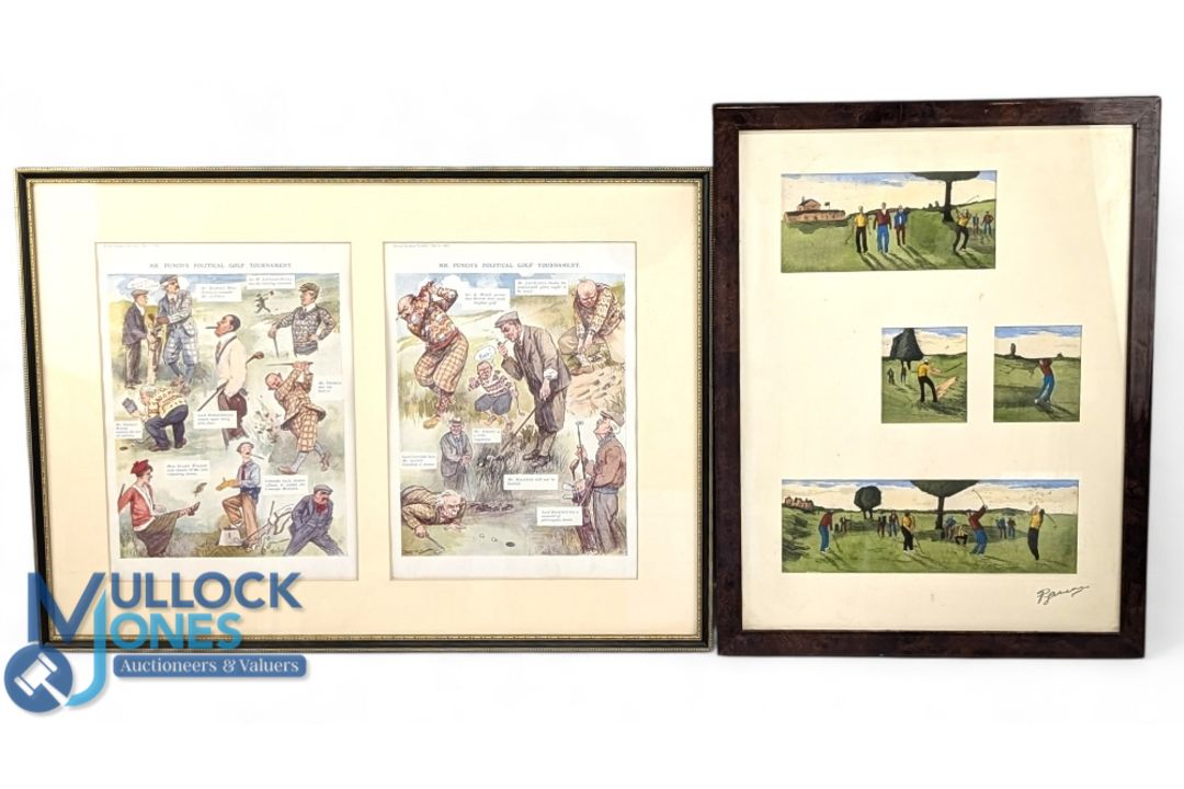 2 Golf Pictures, an original water colour collage mounted and framed- having a French retailers