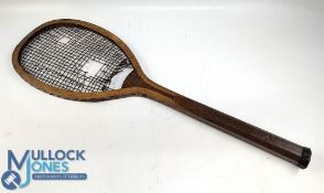 Period Wooden Tennis Rackey the Elites - a German made racket with a flat top to head, leather