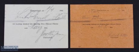 WWII - Prisoner Packet Confirmation Cards - pair of interesting and unusual prisoner food / clothing