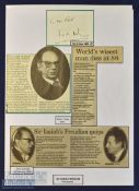 Sir Isaiah Berlin Autograph Philosopher signed Cutting with newspaper cuttings in ink, details ‘
