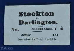 The Stockton and Darlington Railway 1840s Paper Ticket An early Paper Ticket for travel along this