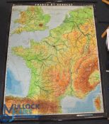 c1960 Map of France / England, printed in East Germany on canvas, large roll with metal mounts -