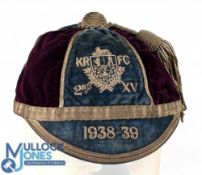 1938-9 KRFC 2nd XV Rugby Honours Cap: Maroon & blue cap with 6 panels, gold braided tassel,