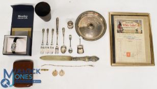 Selection of Collectables including Silver Items. Silver folks, spoons (70g) Horn beaker, leather