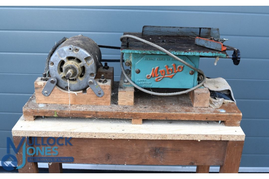 A Vintage Myblo Table Saw - the saw is mounted on a wooden stand with motor. Collection Only - Image 1 of 3