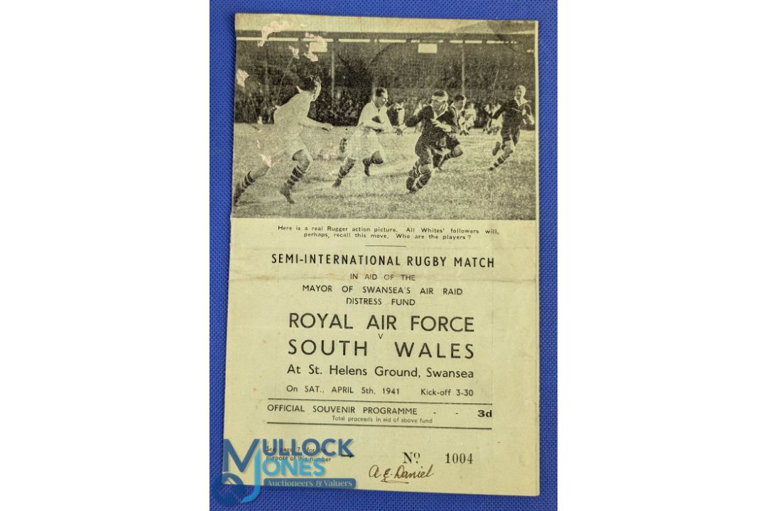 1941 South Wales v the RAF Rugby Programme: At Swansea 04/41, another from the charity series in