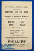1943 East Wales v the Army Rugby Programme: Scarce flimsy issue from Newport for this charity clash,
