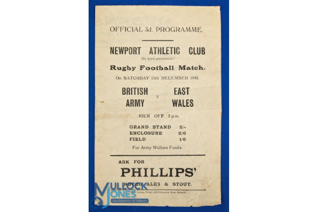 1943 East Wales v the Army Rugby Programme: Scarce flimsy issue from Newport for this charity clash,