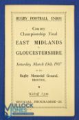 1937 County Champs Final Rugby Programme: 4pp foldover Bristol card, Gloucestershire v East