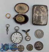 Selection of Silver and other items - pocket watch with key (not working), cigarette case (75g),