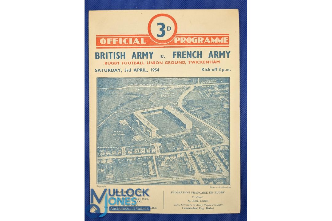1954 British Army v French Army Rugby Programme: Big home win, with Billy Boston and David Marques
