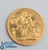 22ct Gold 1907 Edward VII Sovereign. Housed in hallmarked silver Sovereign case with monogram CEG