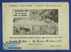 1945 South Wales v Sir Robert Webber's XV Rugby Programme: At Cardiff, this well-known blue issue