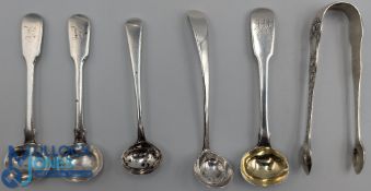 Silver Hallmarked Condiments Salt, Mustard, Sugar Spoons, Servers, to include 3 Georgian spoons