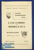 1954 County Champs Final Rugby Programme: 8pp issue for Lancashire v Middlesex at Blundellsands. A