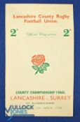 1938 County Champs Final Rugby Programme: Neat issue, 4pp card with colour to cover, Lancashire v