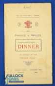 1929 Rugby Dinner Menu, Wales v France, autographed: French fullback Louis Magnol's copy, 4pp