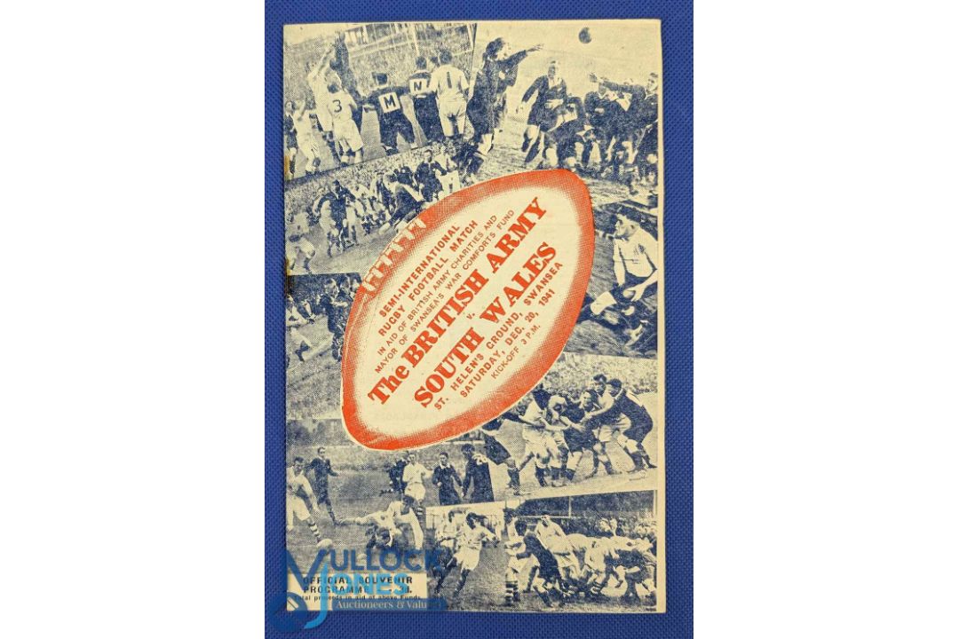 1941 South Wales v the Army Rugby Programme: At Swansea near Christmas 1941, inc attractive photos