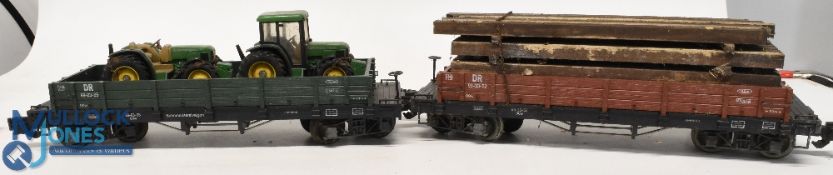 3 'G' Gauge Garden Gauge LGB Wagons, a timber wagon with a load (need refixing) and an open wagon