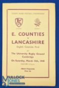 1948 County Champs Final Rugby Programme: Eastern Counties v Lancashire at Cambridge. Very clean,